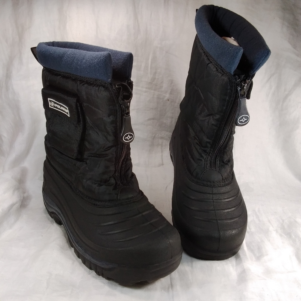 Polaris Snow BOOTS Youth Size 3 Black Blue Side Pockets Zipper Kids Child Winter
